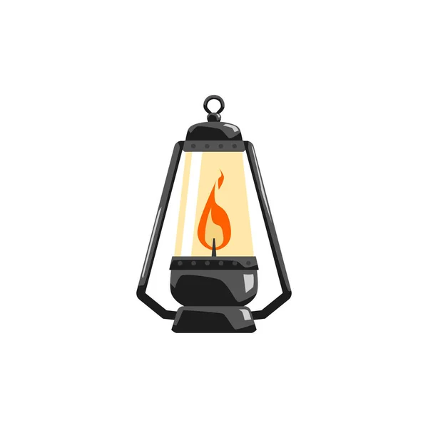 Black Vintage Lantern Burning Wick Glass Flat Style Vector Illustration — Stock Vector