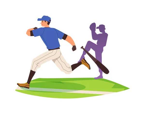 Giocatore Baseball Esecuzione Gettato Pipistrello Stile Piatto Illustrazione Vettoriale Isolato — Vettoriale Stock