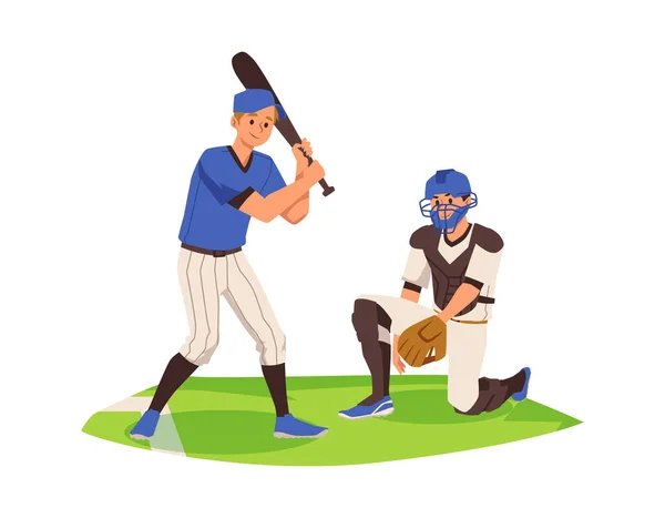 Игроки Бейсбол Софтбол Пытаются Получить Удары Мяча Плоские Векторные Иллюстрации — стоковый вектор