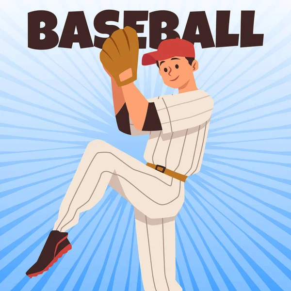 Beyzbol Posteri Atıcının Top Attığı Kart Şablonu Düz Çizgi Film — Stok Vektör