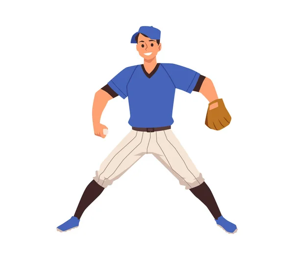 Stehender Baseballspieler Mit Lederhandschuh Flach Vektordarstellung Isoliert Auf Weißem Hintergrund — Stockvektor
