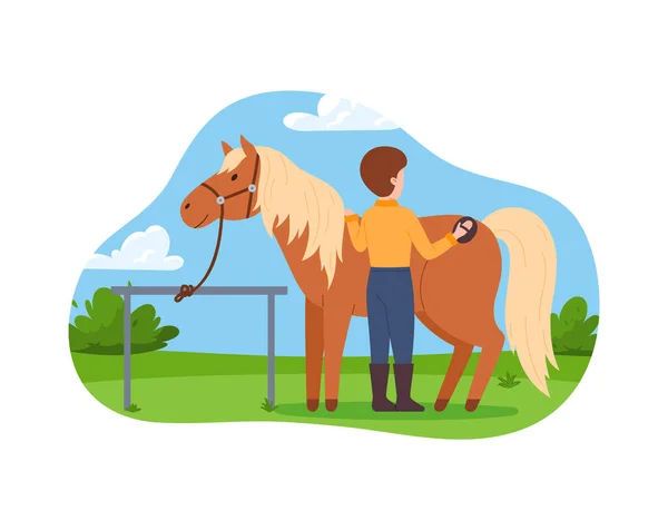 馬の世話をする男と農場の背景 白い背景にフラットベクトルイラスト 馬の農場や牧場 競馬場の装飾や紋章バナーテンプレート — ストックベクタ