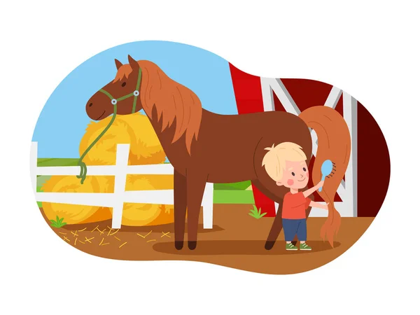Chlapec Pečující Svého Zvířecího Koně Plochý Vektorový Obrázek Bílém Pozadí — Stockový vektor
