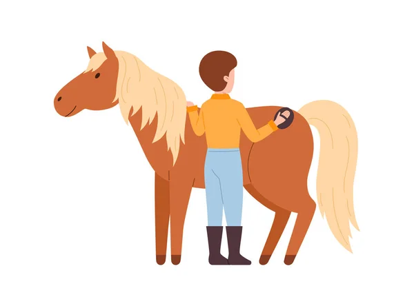 Farmář Nebo Jezdec Pečující Koně Ploché Vektorové Ilustrace Izolované Bílém — Stockový vektor