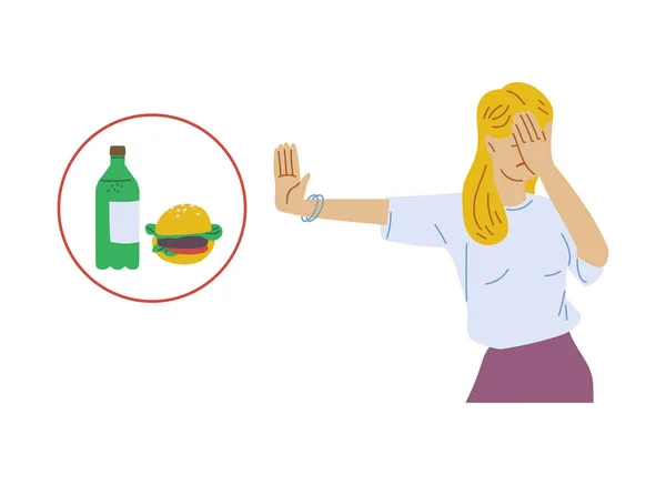 Kobieta Odmawia Niezdrowego Fast Food Posiłek Płaska Ilustracja Wektor Kreskówki — Wektor stockowy