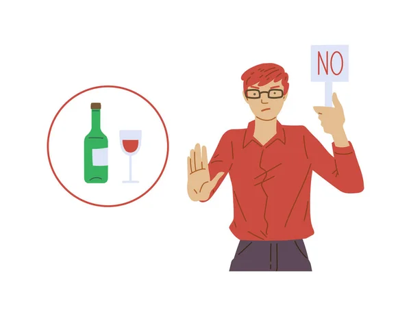 Homme Refusant Les Boissons Alcoolisées Dessin Animé Plat Vecteur Illustration — Image vectorielle