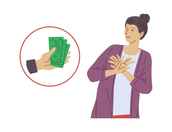 stock vector Woman refuses money or a bribe. Woman gesturing disagree and refuse to accept money, flat vector illustration isolated on white background. Stop corruption and bribery.