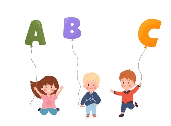 Enfants Heureux Tenant Des Ballons Forme Lettres Style Plat Illustration — Image vectorielle