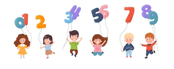 Ensemble Enfants Joyeux Tenant Des Ballons Forme Nombres Style Plat — Image vectorielle