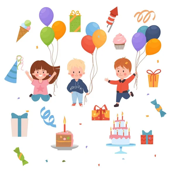 Crianças Festa Acessórios Crianças Bonitos Segurando Balões Desenho Animado Ilustração — Vetor de Stock