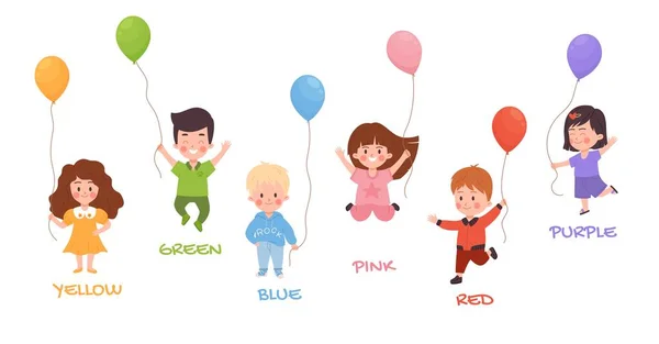 Enfants Tenant Des Ballons Hélium Différentes Couleurs Éducation Pour Les — Image vectorielle