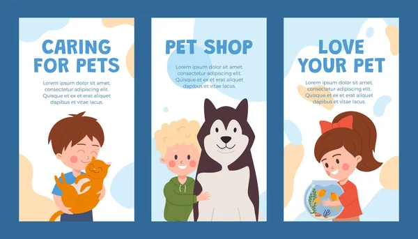 一套带着孩子们拥抱宠物的平面风格的传单 蓝色背景上孤立的矢量图解 宠物店 友谊与关怀 童年设计系列 — 图库矢量图片