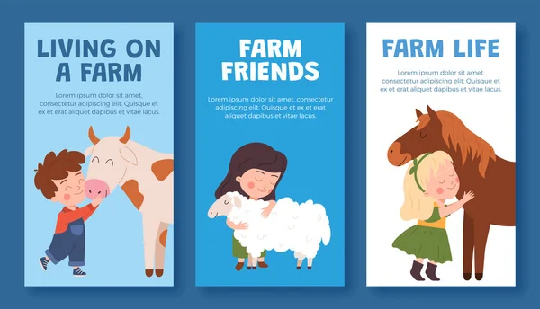 Hayvanları Kucaklayan Çocukların Olduğu Çiftlik Hayatı Hakkındaki Ilanları Mavi Arka — Stok Vektör
