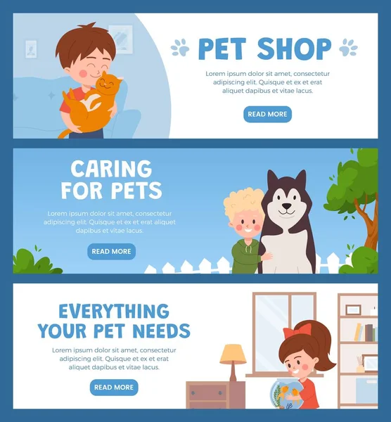 一套关于宠物店的网页横幅模板 孩子们抱着动物的扁平风格 向量图以蓝色背景隔离 照顾宠物 快乐的孩子 — 图库矢量图片