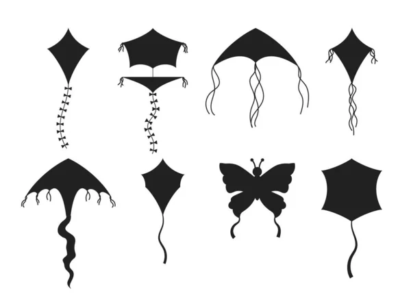 空气风筝的黑色轮廓集各种形状 带丝带和尾巴的风风筝飞舞玩具 儿童图标系列 白色背景上的矢量图解 — 图库矢量图片