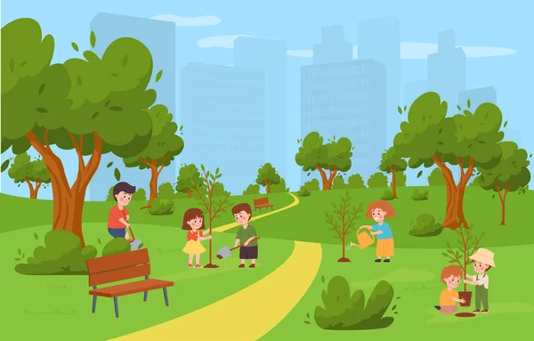 Lächelnde Kinder Die Flachen Park Bäume Pflanzen Vektorillustration Umweltschutz Glückliche — Stockvektor