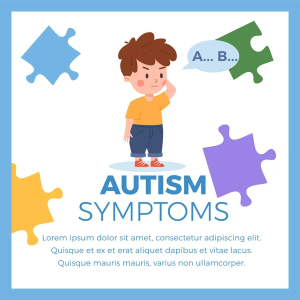 自闭症症状横幅或海报设计与卡通人物儿童男孩 平面矢量插图 自闭症患儿早期诊断及发展特点 — 图库矢量图片