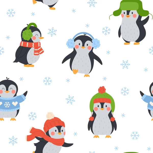 可爱的冬季无缝图案设计 雪地上有企鹅 平面矢量图解 圣诞和冬季纺织品图案或节日礼物包装纹理 — 图库矢量图片