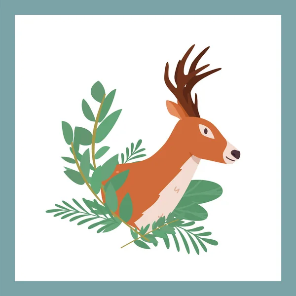Forest Reindeer Head Floral Frame Green Leaves Flat Vector Illustration — Stock Vector