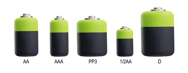 タイトルにAa Pp3など様々なサイズの電池のアイコンである3Dベクトルイラストのセット 白い背景に隔離されたエネルギーの概念のためのプラスチック漫画スタイルの現実的なデザイン — ストックベクタ
