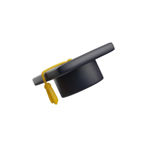 黄色のタッセル3Dスタイルで黒の卒業キャップ 白い背景に隔離されたベクトルイラスト 大学教育 装飾的なデザイン要素 — ストックベクタ