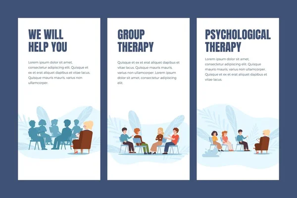 Set Flyers Group Therapy Flat Style Vector Illustration Isolated Blue — стоковый вектор