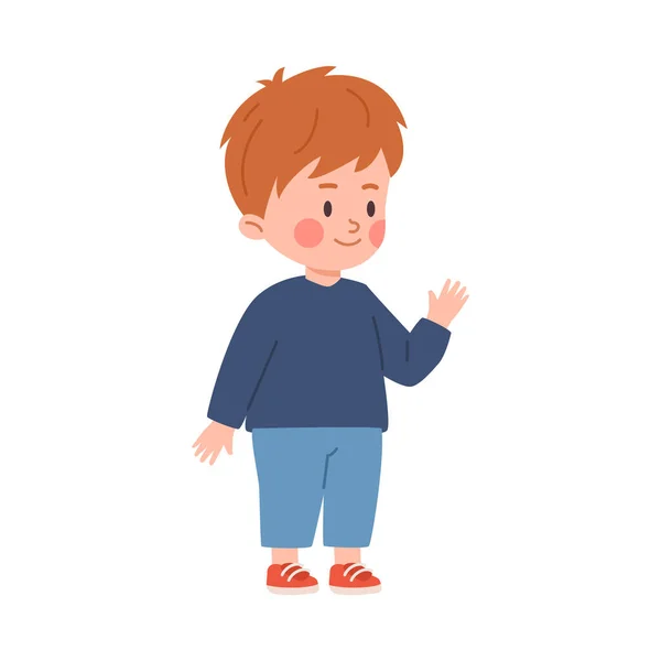 Cute Stojący Mały Rudowłosy Chłopiec Machając Płaski Styl Wektor Ilustracji — Wektor stockowy