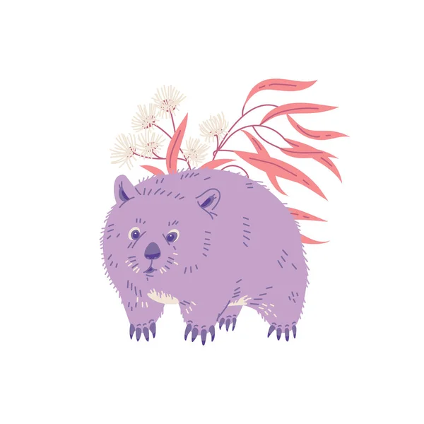 Aranyos Wombat Növények Virágok Kézzel Rajzolt Lapos Vektor Illusztráció Elszigetelt — Stock Vector