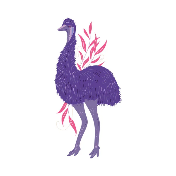 Avestruz Emu Dibujado Mano Con Plantas Ilustración Vectorial Plana Aislada — Vector de stock