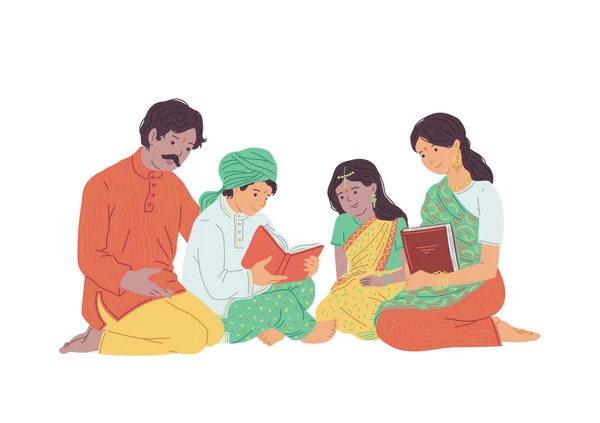 Familia India Lee Libros Sagrados Reza Juntos Los Padres Enseñan — Vector de stock