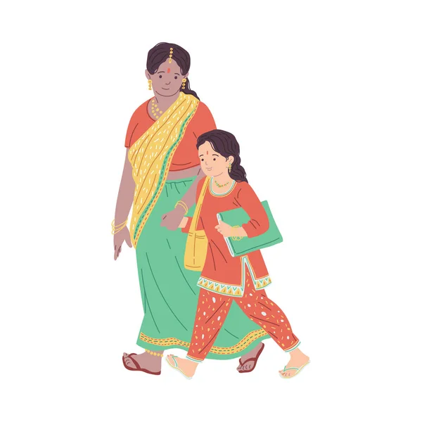 Madre Hija India Sari Tradicional Ilustración Vectorial Plana Aislada Sobre — Vector de stock