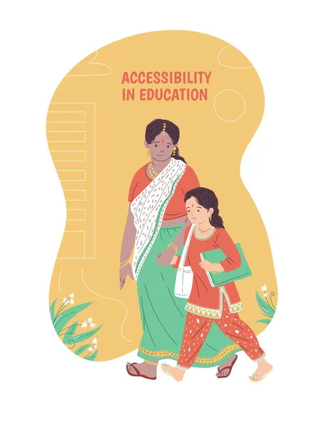 Madre India Llevando Hija Estilo Plano Escuela Ilustración Vectorial Aislada — Vector de stock