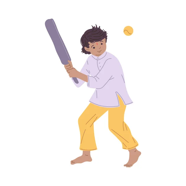 Індійський Хлопчик Традиційному Одязі Грає Крикет Плоский Векторний Малюнок Ізольований — стоковий вектор