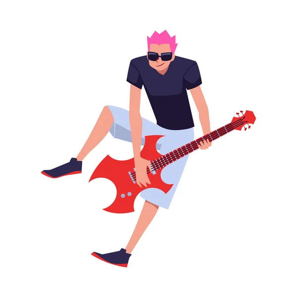 弹奏的吉他手与粉红色的头发扁平风格 矢量插图孤立在白色背景 音乐表演者 年轻人性格 摇滚明星 装饰设计元素 — 图库矢量图片