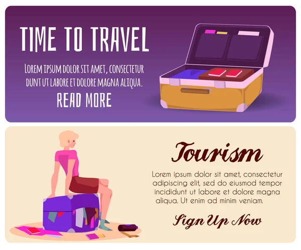旅行代理店の広告ウェブバナースーツケースを詰め人々とセット フラットベクトルイラスト 旅行の時間です 荷物を抱えたまま座っている女 — ストックベクタ