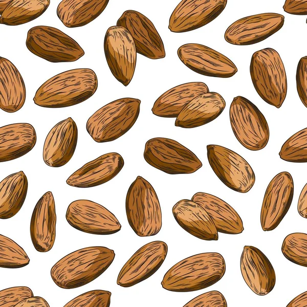 Mandlové Ořechy Bezešvé Vzor Barevném Náčrtu Stylu Vektorové Ilustrace Bílém — Stockový vektor