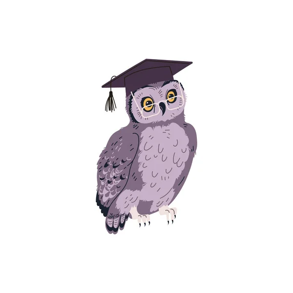 眼镜上有趣的灰猫头鹰和毕业帽扁平的风格 向量图形孤立在白色背景上 装饰设计元素 智慧的象征 飞翔的森林动物 — 图库矢量图片