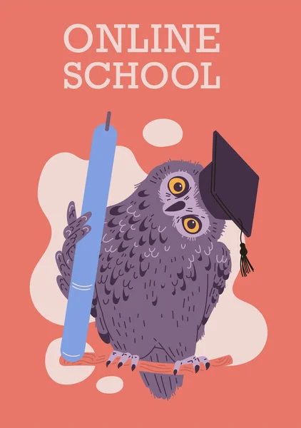 支店に座ってペン フラットベクトルイラストを保持賢いフクロウとオンライン学校の広告ポスター 手描きのフクロウの旗を教育の象徴として — ストックベクタ