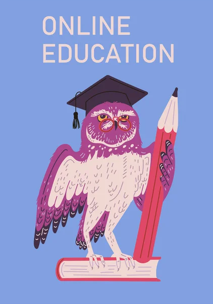 Vector Isolated Illustration Smart Owl Teacher Graduation Cap Holds Pencil — Stock Vector