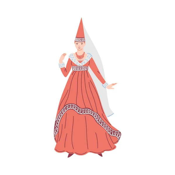 Средневековая Принцесса Платье Конусной Шляпе Карикатурные Плоские Векторные Иллюстрации Изолированы — стоковый вектор