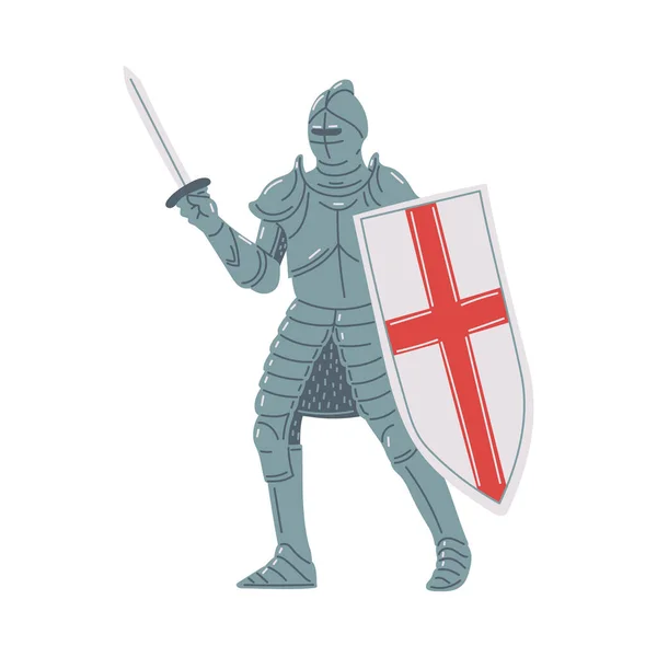 中世纪骑士头戴盔甲 手持剑 头戴大盾 头戴红十字头盔的矢量图解 以白人背景为隔离背景的中世纪卡通概念 — 图库矢量图片