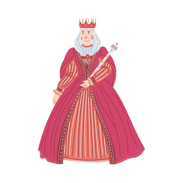 Средневековая Королева Большом Платье Карикатурная Плоская Векторная Иллюстрация Белом Фоне — стоковый вектор