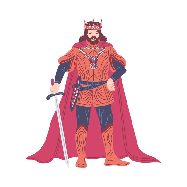중세의 과붉은 망토로 왕관을 귀족의 그림이다 중세의 시대에 만화적 개념은 — 스톡 벡터