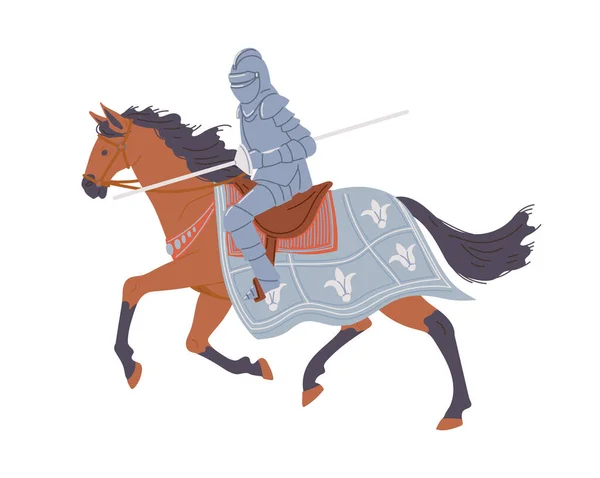 Cavaleiro Armado Cavalo Guerreiro Medieval Desenho Animado Ilustração Vetorial Plana — Vetor de Stock