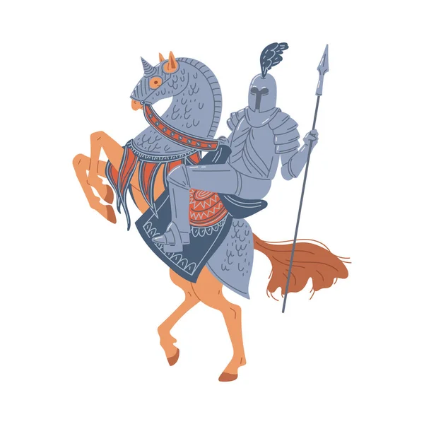 Wektorowa Ilustracja Średniowiecznego Rycerza Noszącego Zbroję Piórem Galopującego Koniu Kombinezonie — Wektor stockowy