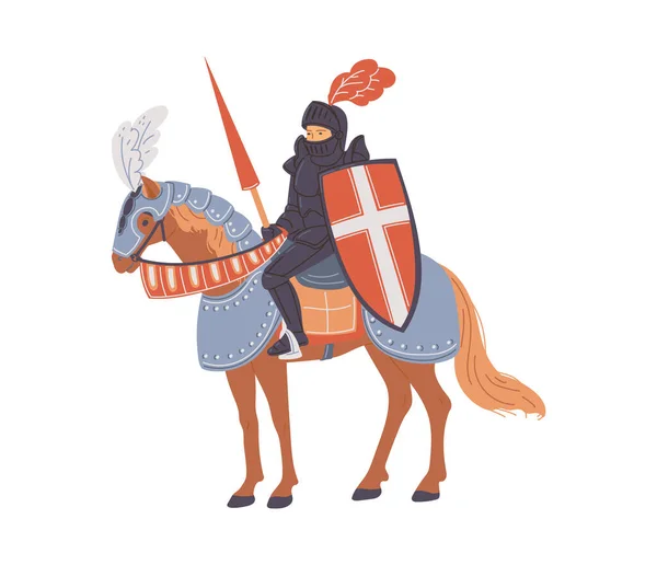 Illustration Vectorielle Chevalier Médiéval Portant Armure Lance Bouclier Main Assis — Image vectorielle