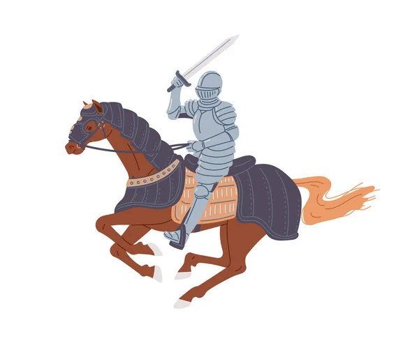 Οπλισμένος Ιππότης Σπαθί Ιππασία Άλογο Κινούμενα Σχέδια Επίπεδη Διανυσματική Απεικόνιση — Διανυσματικό Αρχείο