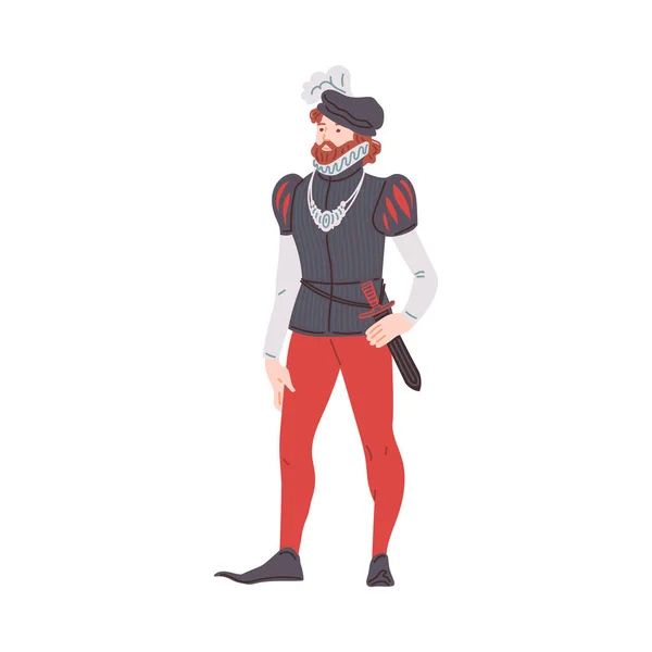 Illustration Vectorielle Seigneur Médiéval Duc Pantalon Rouge Avec Couteau Coiffure — Image vectorielle