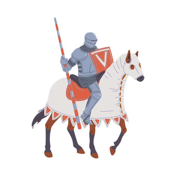 Ilustração Vetorial Cavaleiro Medieval Vestindo Armadura Lança Escudo Mão Montando — Vetor de Stock