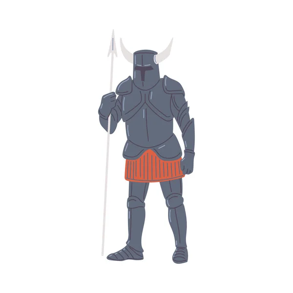 Cavaliere Medievale Armatura Con Lancia Illustrazione Vettoriale Piatto Cartone Animato — Vettoriale Stock